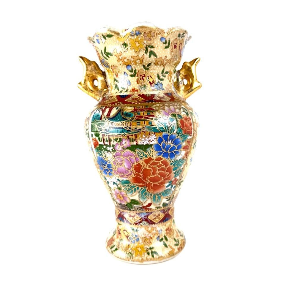 Vintage Handcrafted Asian Double Handled Vase cloisonné-style Circa 1960 8”